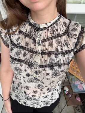 Max Studio Black & Cream Floral Lace-Trim Silk Blouse